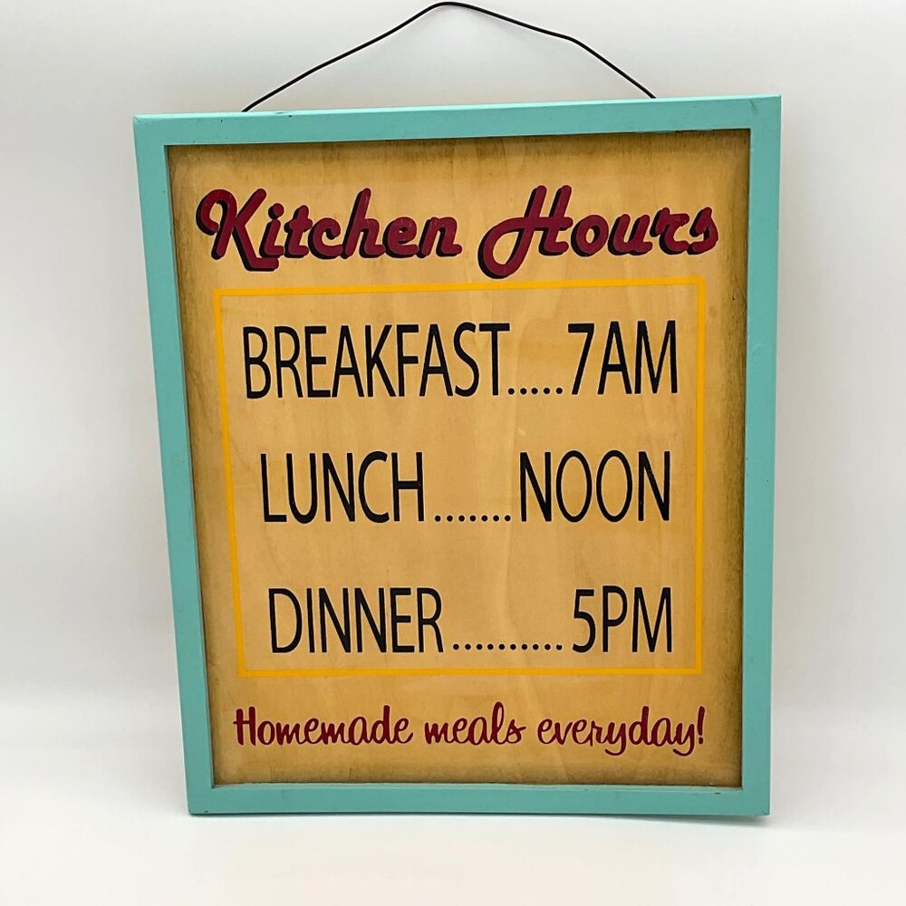 Retro Faux Aged Wooden KITCHEN HOURS Hanging Sign Teal Border & Hanging Wire